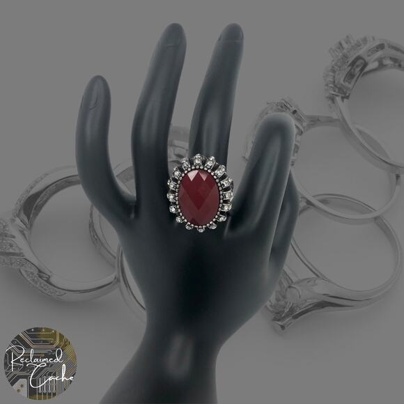 Silver and Red Rhinestone Statement Ring - Size 7.5 - Picture 1 of 6